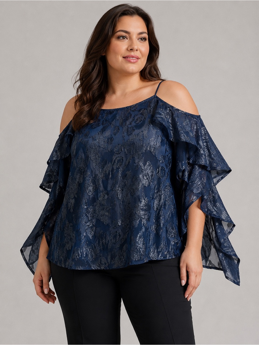 Tinsel Navy Metallic Cold-Shoulder Ruffle Blouse